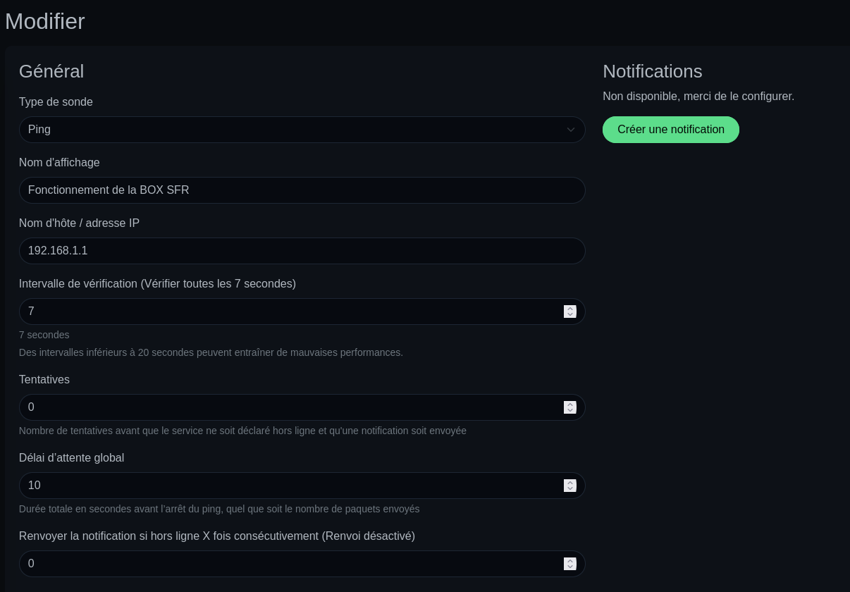 Configuration de la sonde vers la box internet
