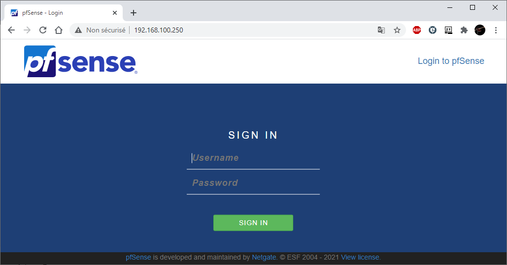 Page de connexion pfSense Web