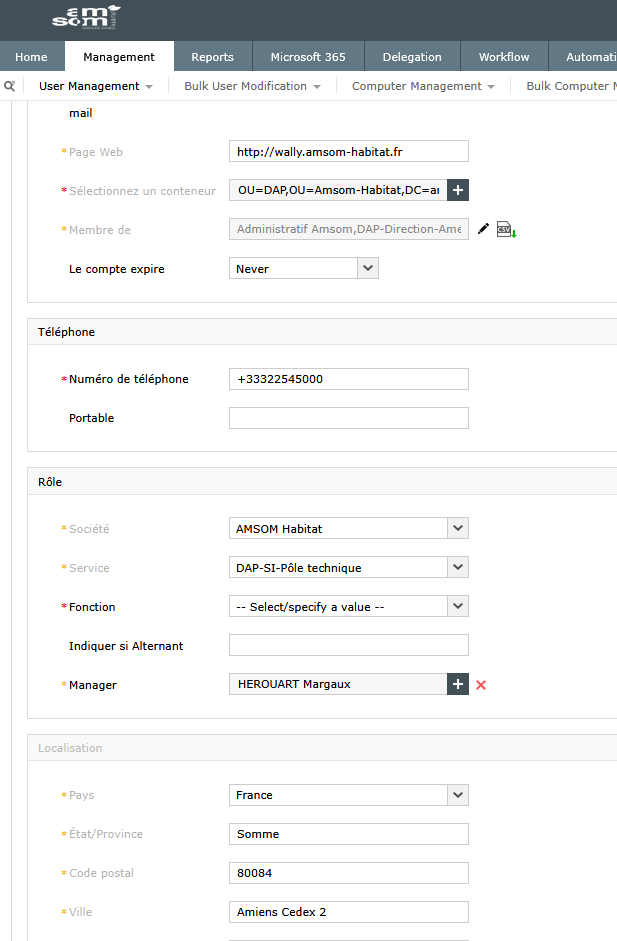 Interface de création d'utilisateur via ADManager